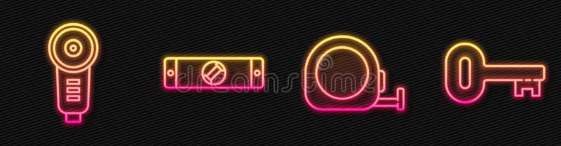 Set line Roulette construction, Angle grinder, Construction bubble level and Old key. Glowing neon icon. Vector vector illustration