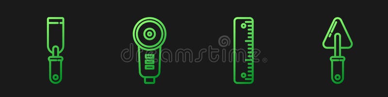 Set line Ruler, Rasp metal file, Angle grinder and Trowel. Gradient color icons. Vector royalty free illustration