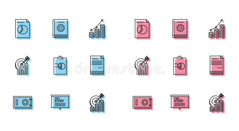 Set line Safe, Board with resume, Document graph chart, Target coin symbol, Clipboard, and User manual icon. Vector stock illustration