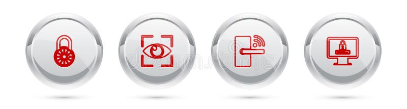 Set line Safe combination lock wheel, Eye scan, Digital door with wireless and Monitor password. Silver circle button vector illustration