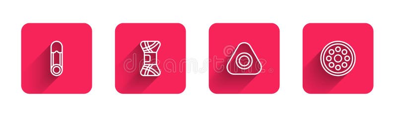 Set line Safety pin, Yarn, Sewing chalk and button with long shadow. Red square button. Vector stock illustration