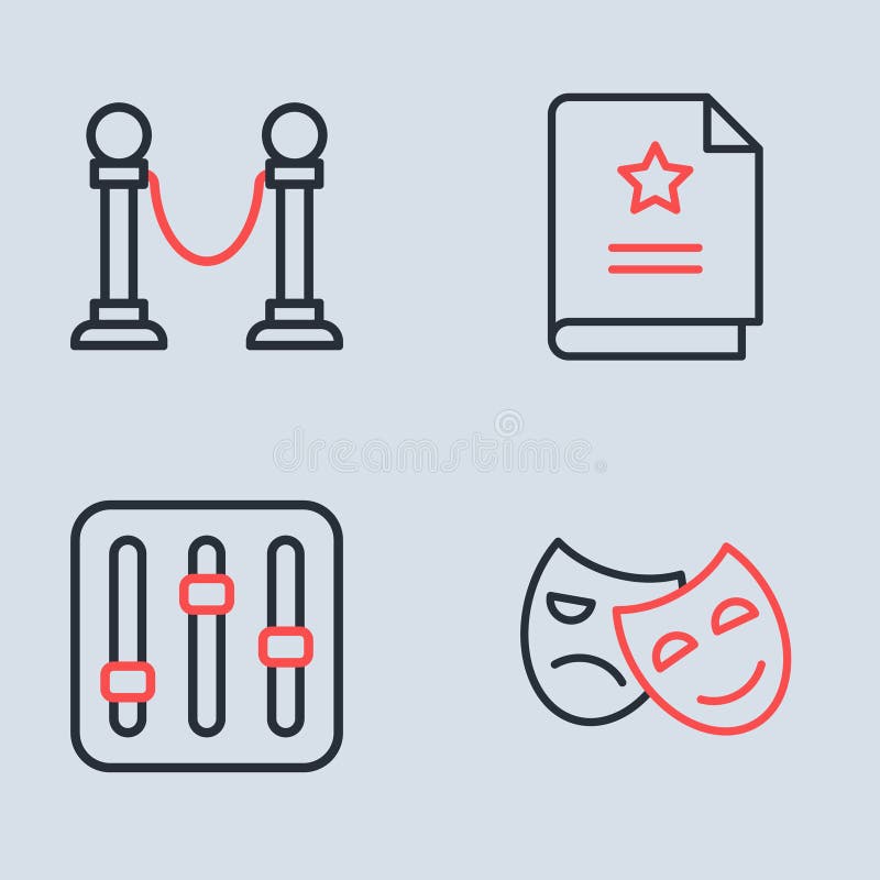 Set line Scenario, Sound mixer controller, Comedy and tragedy masks and Rope barrier icon. Vector royalty free illustration