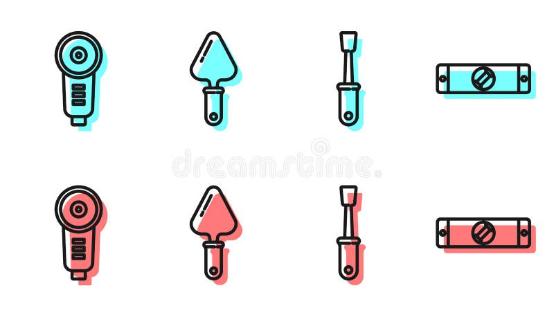 Set line Screwdriver, Angle grinder, Trowel and Construction bubble level icon. Vector stock illustration