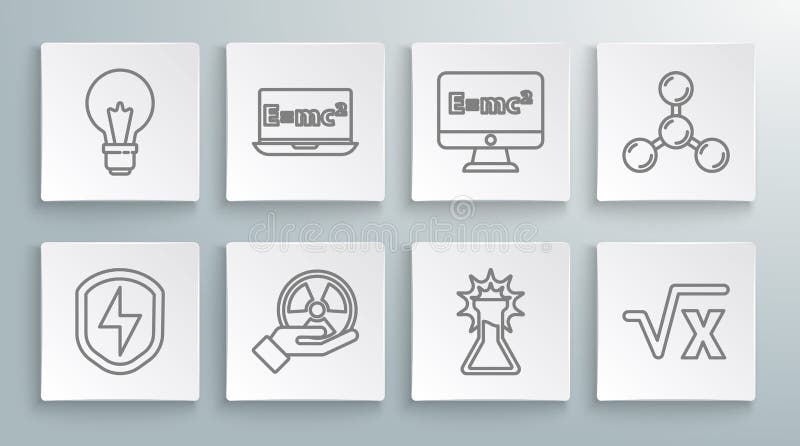 Set line Secure shield with lightning, Equation solution, Radioactive, Test tube and flask, Square root of x glyph vector illustration