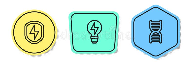 Set line Secure shield with lightning, Light bulb and DNA symbol. Colored shapes. Vector vector illustration