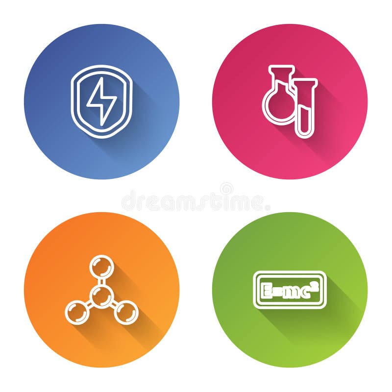 Set line Secure shield with lightning, Test tube and flask, Molecule and Equation solution. Color circle button. Vector vector illustration