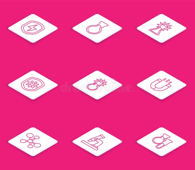 Set line Secure shield with lightning, Test tube and flask, Shield protecting from virus, Magnet, Molecule and vector illustration