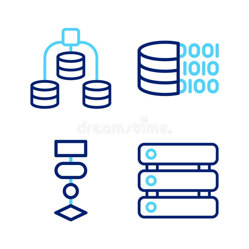 Set line Server Data Algorithm Binary code and icon. Vector. Programming vector software code program illustrations