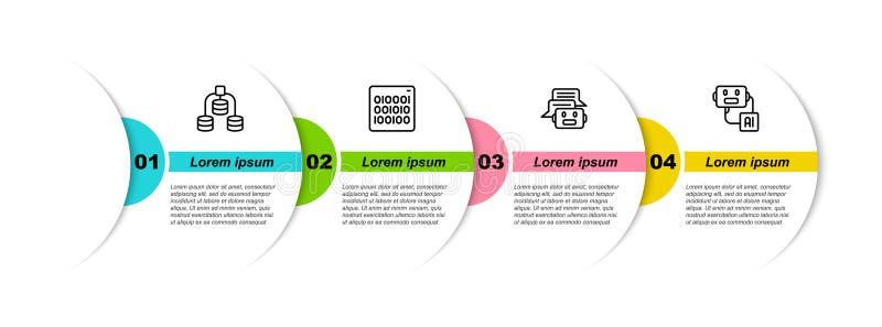 Set line Server, Data, Binary code, Chat bot and Artificial intelligence robot. Business infographic template. Vector royalty free illustration