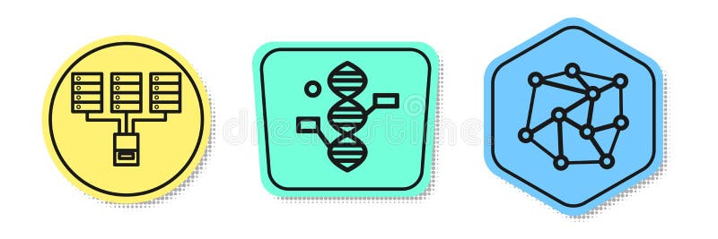 Set line Server, Data, Web Hosting, DNA symbol and Neural network. Colored shapes. Vector royalty free illustration Set line Server, Data, Web Hosting, DNA symbol and Neural network. Colored shapes. Vector royalty free illustration