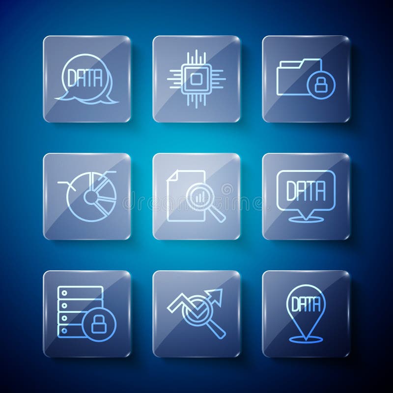 Set line Server security with padlock, Search data analysis, Data, Folder and, Document graph chart, Pie infographic stock illustration