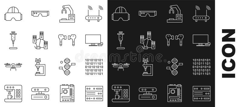 Set line servidor de datos web alojamiento de código binario tv inteligente robot brazo brazo brazo mano fábrica jeringa de red libre illustration