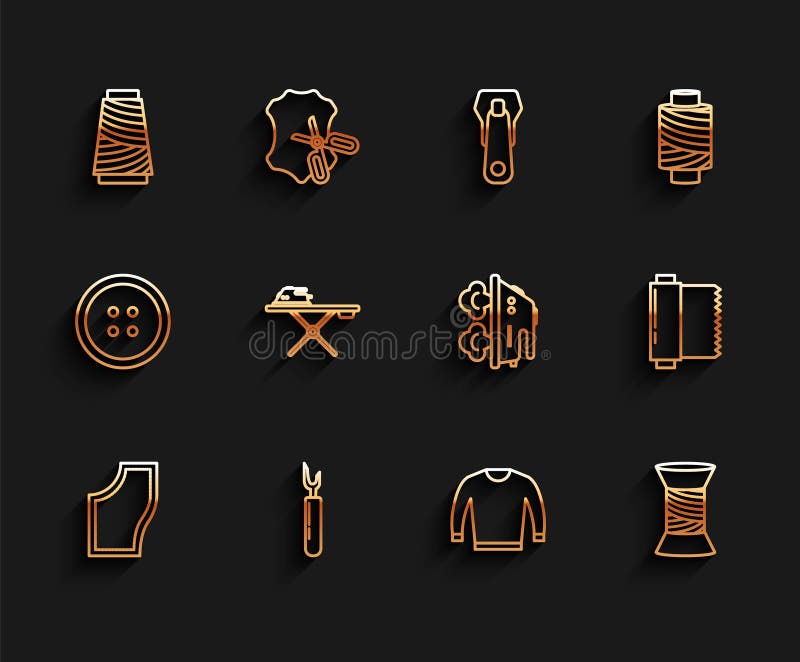 Set line Sewing Pattern, Cutter tool, thread on spool, Sweater, Electric iron and ironing board, Textile fabric roll and vector illustration