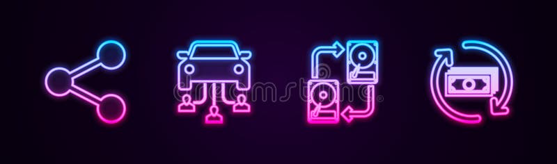 Set line Share, Car sharing, Data exchange with hhd and Refund money. Glowing neon icon. Vector royalty free illustration