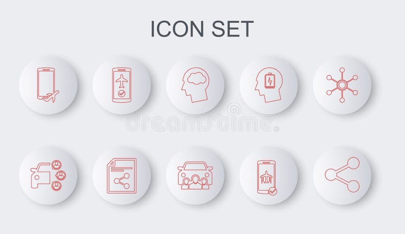 Set line Share, Car sharing, Head silhouette with cloud, Flight mode the mobile, file and icon. Vector vector illustration