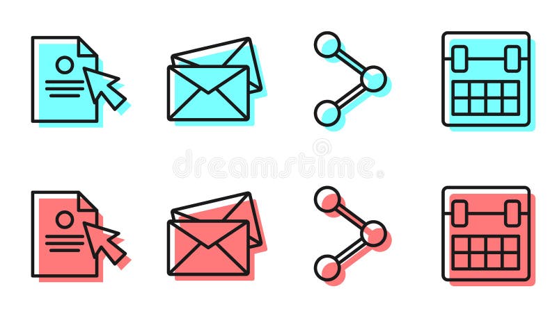 Set line Share, Document and cursor, Envelope and Calendar icon. Vector.