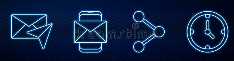 Set line Share, Envelope, Mobile and envelope and Clock. Glowing neon icon on brick wall royalty free illustration