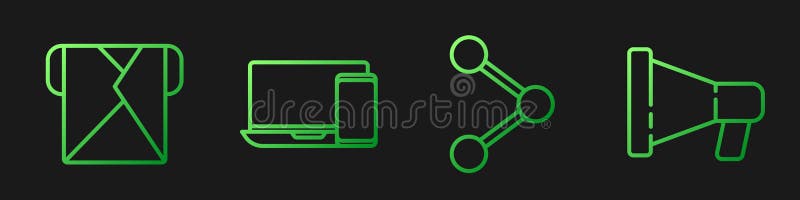Set line Share, Envelope, Monitor and phone and Megaphone. Gradient color icons. Vector royalty free illustration