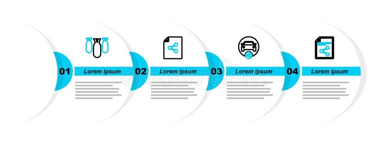 Set line Share file, Car sharing, and Aviation bombs icon. Vector royalty free illustration