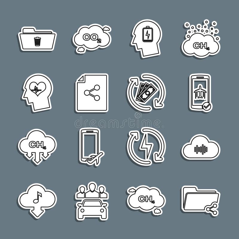 Set line Share folder, Music streaming service, Flight mode the mobile, Head with low battery, file, heartbeat, Delete stock illustration