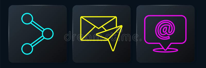 Set line Share, Mail and e-mail and Envelope. Black square button. Vector royalty free illustration