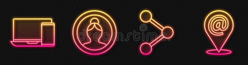 Set line Share, Monitor and phone, Create account screen and Location and mail and e-mail. Glowing neon icon. Vector vector illustration