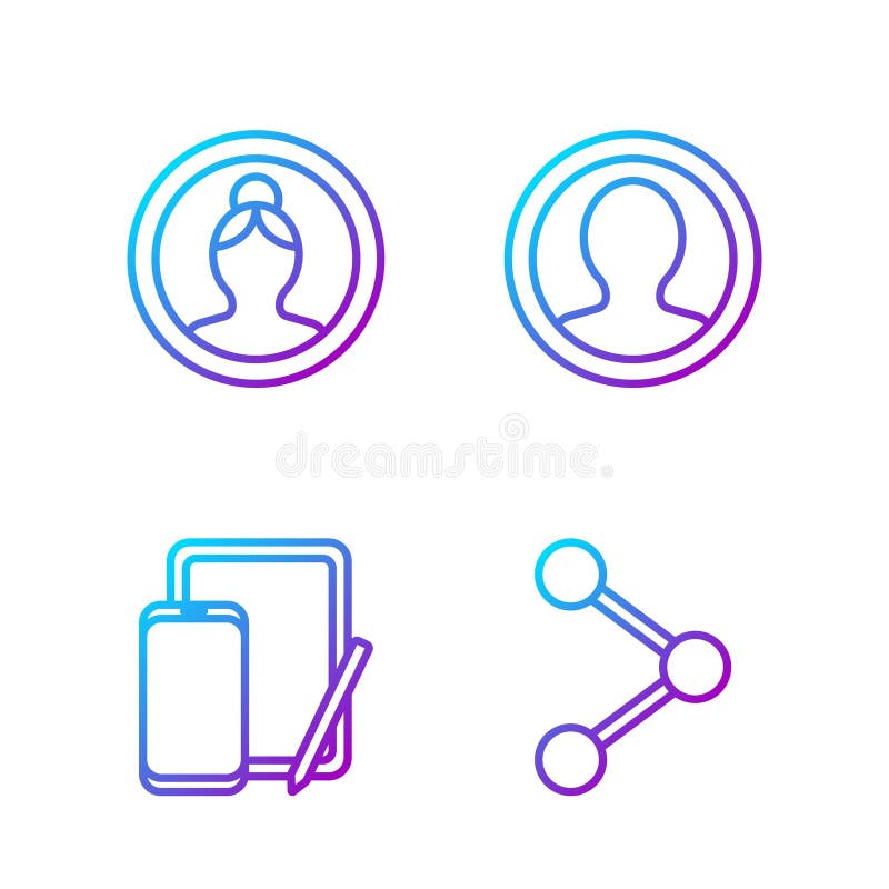 Set line Share, Phone and graphic tablet, Create account screen and Create account screen. Gradient color icons. Vector royalty free illustration