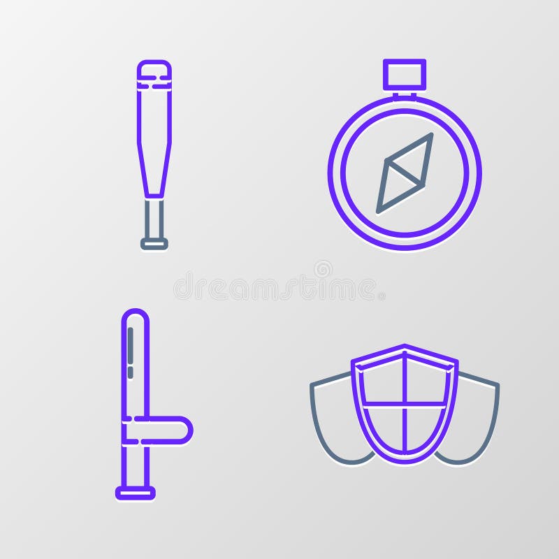 Set de linii de scut și scut de poliție Baton busolă de cauciuc și pictogramă de baseball. vector stock illustration