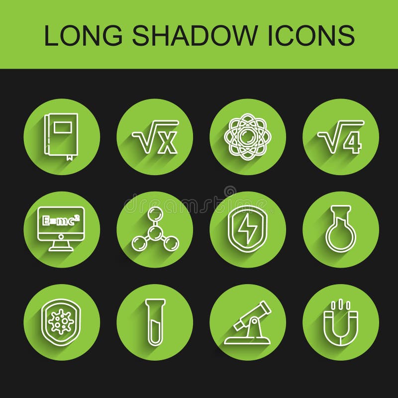Set line Shield protecting from virus, Test tube and flask, Book, Telescope, Magnet, Molecule, and Secure shield with stock illustration