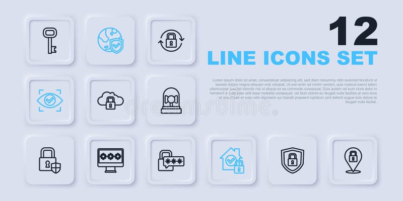 Set line Shield security with lock, Lock, Cloud computing, House under protection, Eye scan, Monitor password, world royalty free illustration
