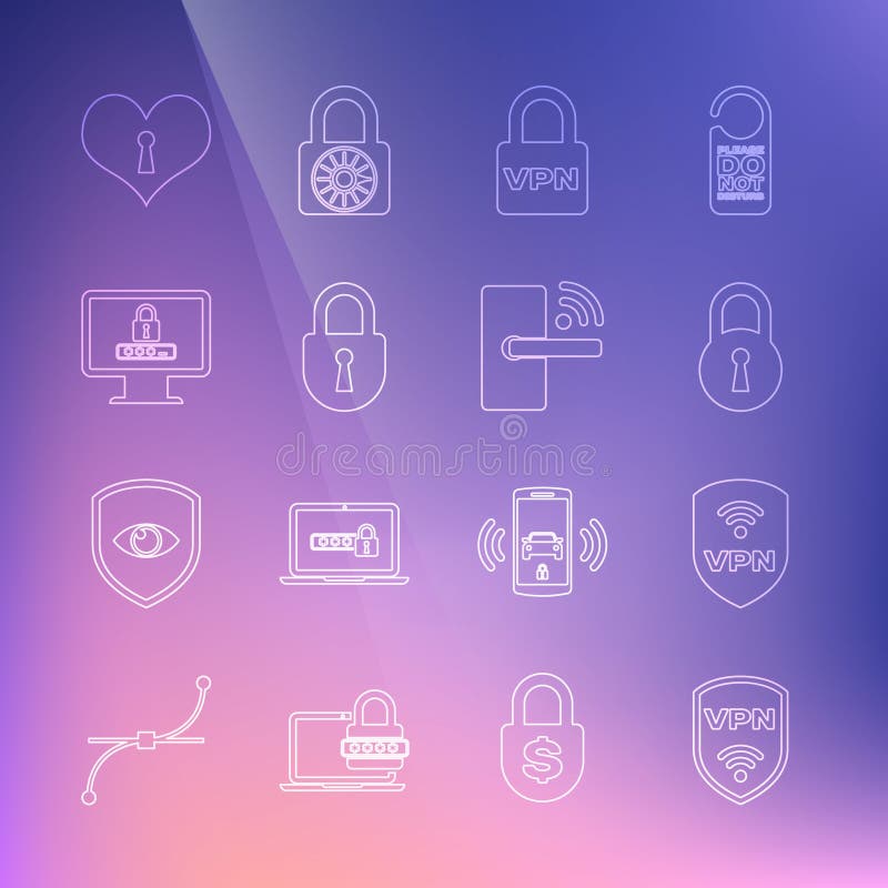 Set line Shield with VPN wireless, Lock, Monitor password, Heart keyhole and Digital door lock icon. Vector royalty free illustration