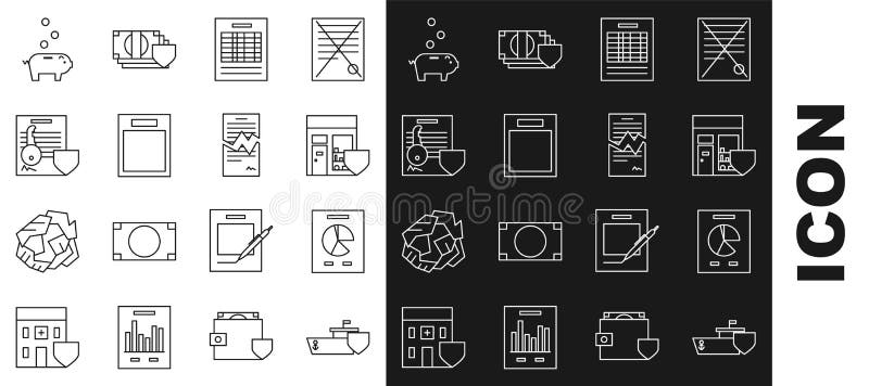 Set line Ship with shield, Document graph chart, Shopping building, Report file document, Empty form, key, Piggy bank vector illustration