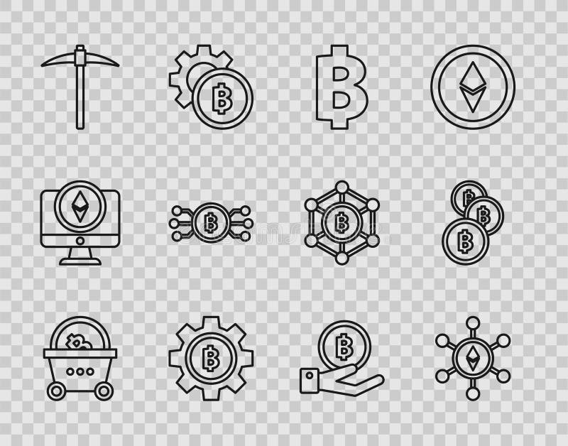 Set line shopping basket with bitcoin blockchain technology ethereum eth cryptocurrency pickaxe circle microchip circuit hand vector illustratie