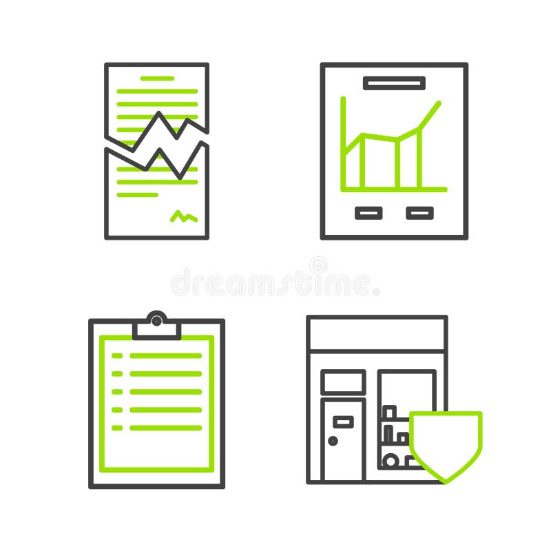Set line Shopping building with shield, Clipboard checklist, Document graph chart and Torn contract icon. Vector royalty free illustration