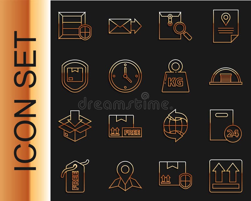 Set line This side up Delivery with cardboard boxes Hangar Envelope magnifying glass Fast time delivery pack security shield and Weight icon. Vector. Pack up time illustrations