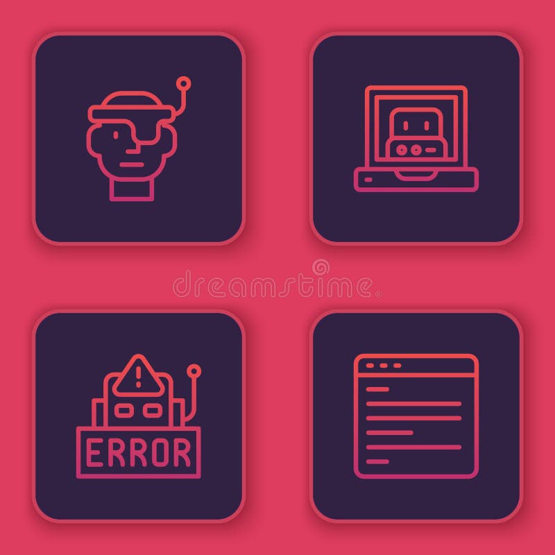 Set line Smart glasses, Error in robot, Creating and Computer api interface. Blue square button. Vector stock illustration