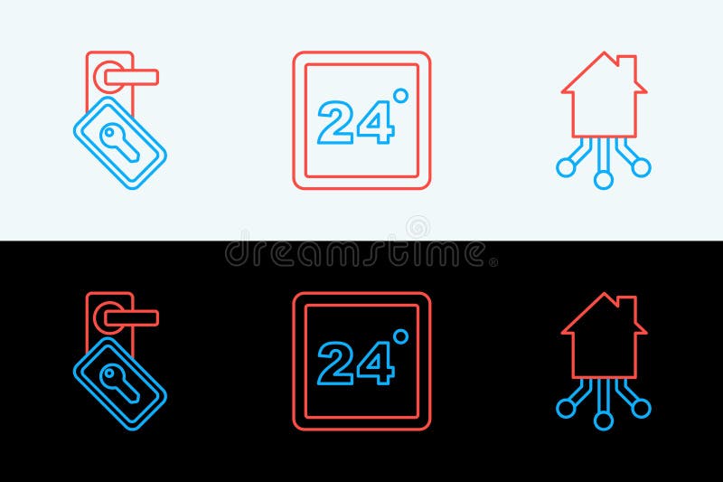 Set line Smart home, Digital door lock and Thermostat icon. Vector stock illustration