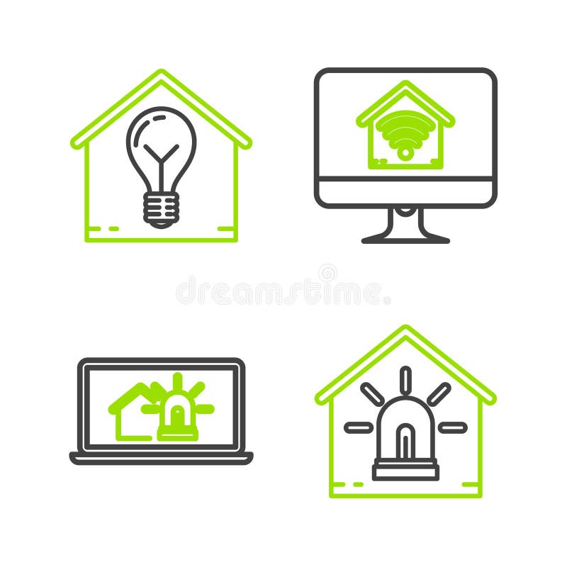 Set line Smart house and alarm, Laptop with smart, Computer monitor home wi-fi and light bulb icon. Vector royalty free illustration