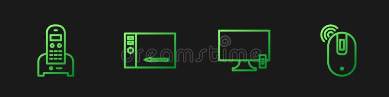 Set line Smart Tv, Telephone, Graphic tablet and Wireless computer mouse. Gradient color icons. Vector.