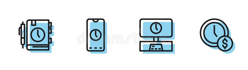 Set line Smart Tv time, Daily paper notepad, Alarm clock app mobile and Time is money icon. Vector vector illustration