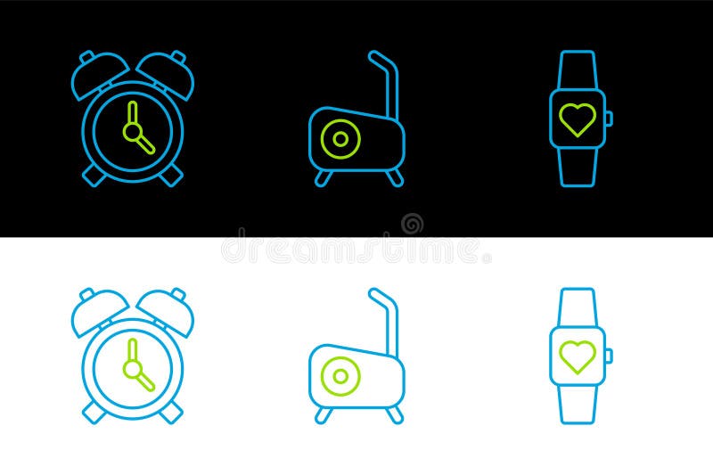 Set line Smart watch, Alarm clock and Stationary bicycle icon. Vector stock illustration