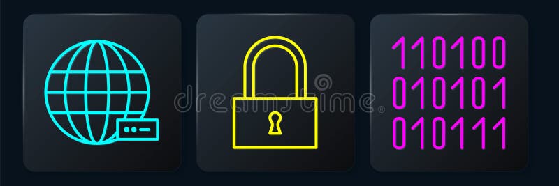 Set line Social network, Binary code and Lock. Black square button. Vector royalty free illustration