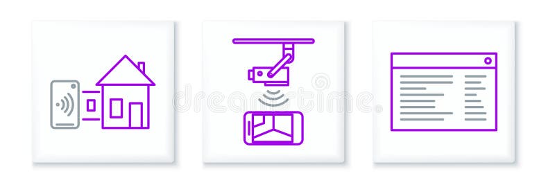 Set line software web developer programación código smart home y control inalámbrico cctv seguridad icono de cámara. vector libre illustration