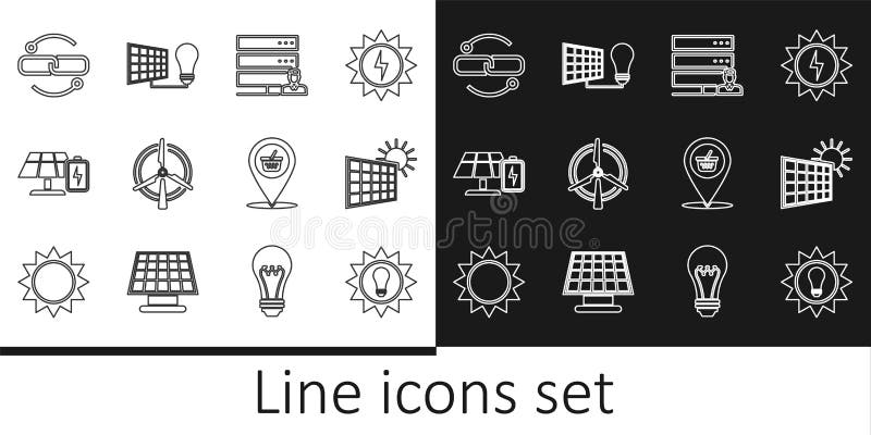 Set line Solar energy panel, and sun, Customer care server, Rotating wind turbine, battery, Chain link line, Location vector illustration