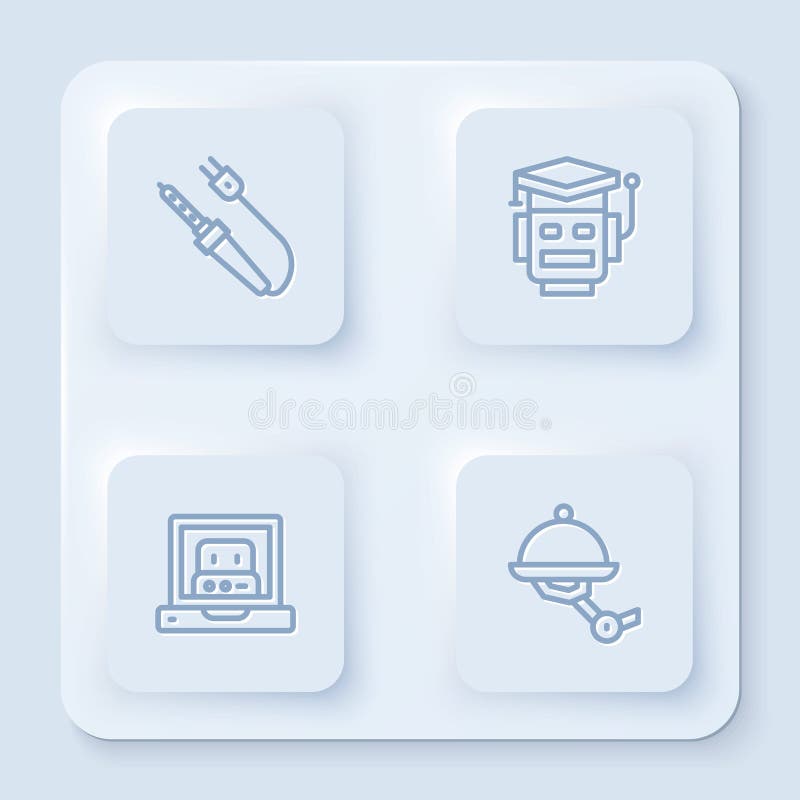 Set line Soldering iron, Robot, Creating robot and Waiter. White square button. Vector vector illustration