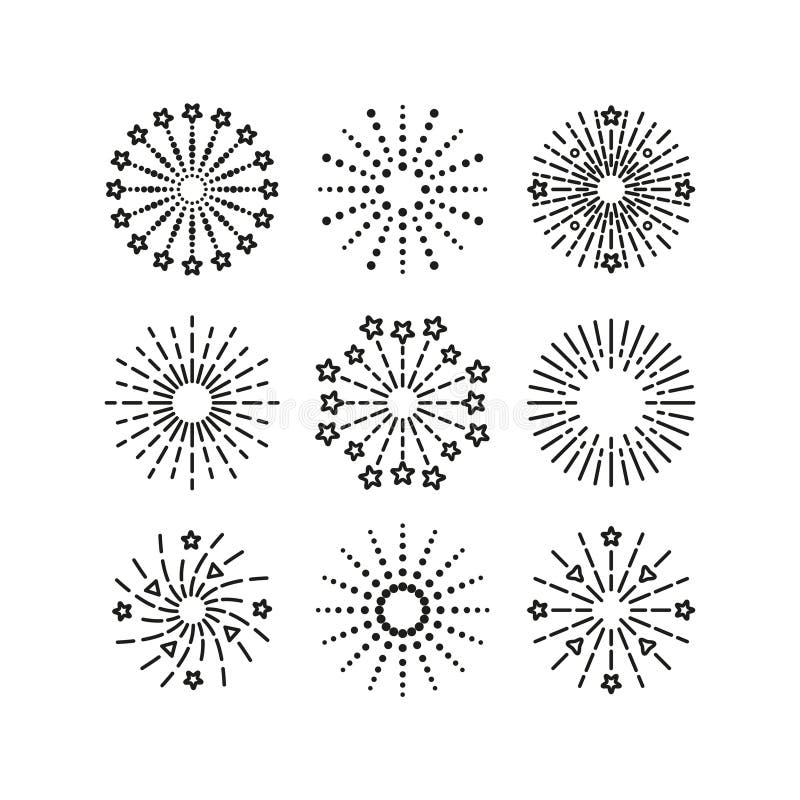 Set of line sparkle explosion. Burst stars, sparks and salutes. Firework icon. Happy new year shiny symbol vector illustration
