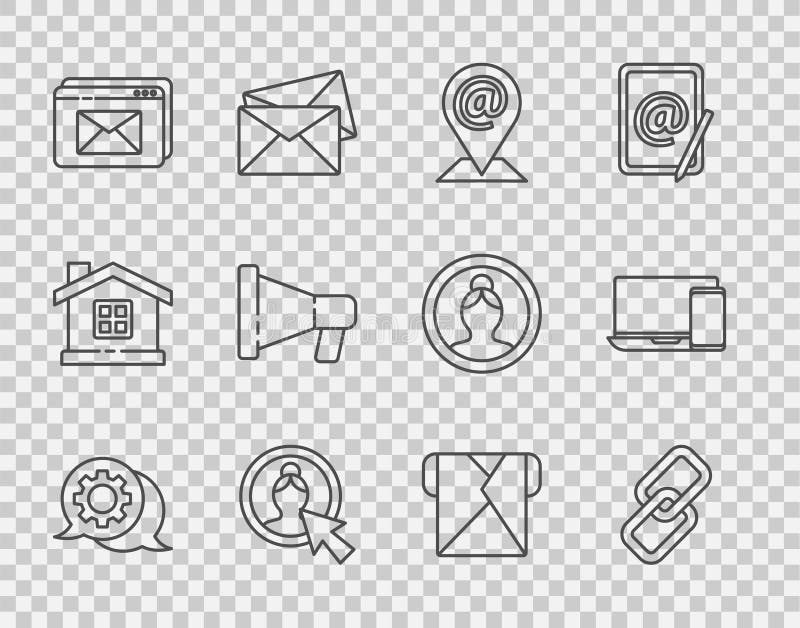 Set line Speech bubble chat, Chain link, Location and mail and e-mail, Create account screen, Website envelope vector illustration