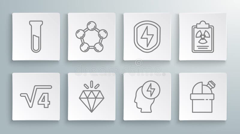 Set line Square root of 4 glyph, Molecule, Diamond, Head and electric symbol, Astronomical observatory, Secure shield royalty free illustration