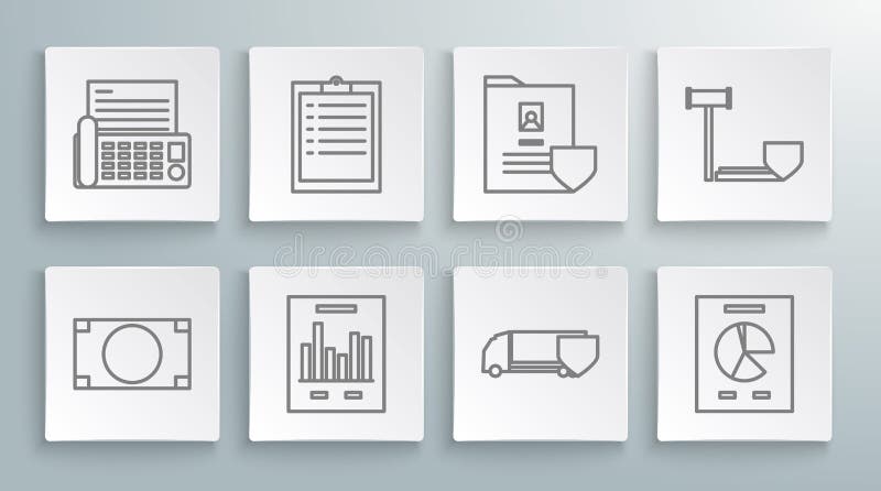 Set line Stacks paper money cash, Clipboard with checklist, Document graph chart, Delivery cargo truck shield, Judge vector illustration