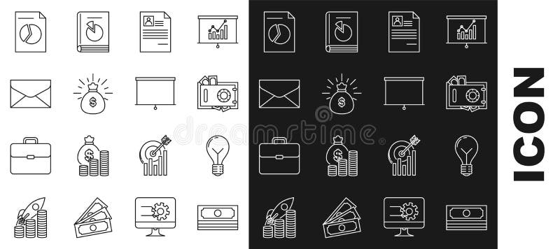 Set line Stacks paper money cash, Light bulb with concept of idea, Safe and, Resume, Money bag, Envelope, Document graph royalty free illustration